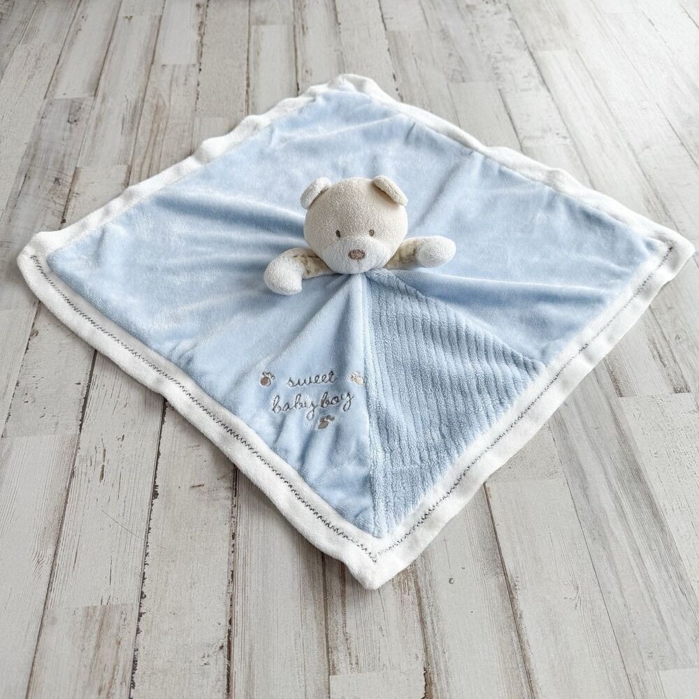 Carters Sweet Baby Boy Blue Cream BEAR LOVEY Rattle Satin Security  Blanket 17"